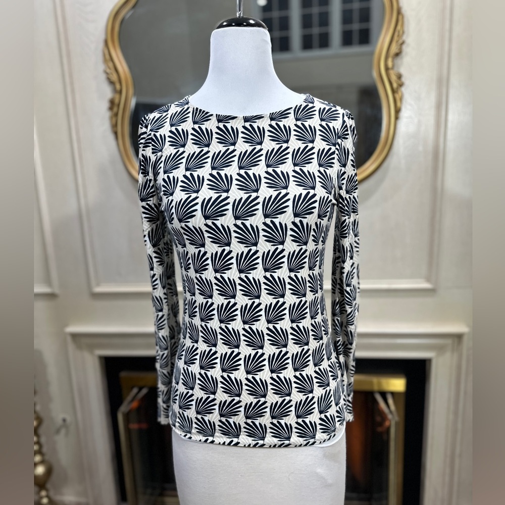 Ann Taylor Factory Top Small Navy Cream‎ Leaf Print Long Sleeve Career Office